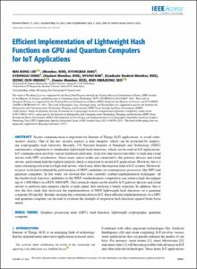 Efficient Implementation of Lightweight Hash Functions on GPU and Quantum Computers for IoT Applications